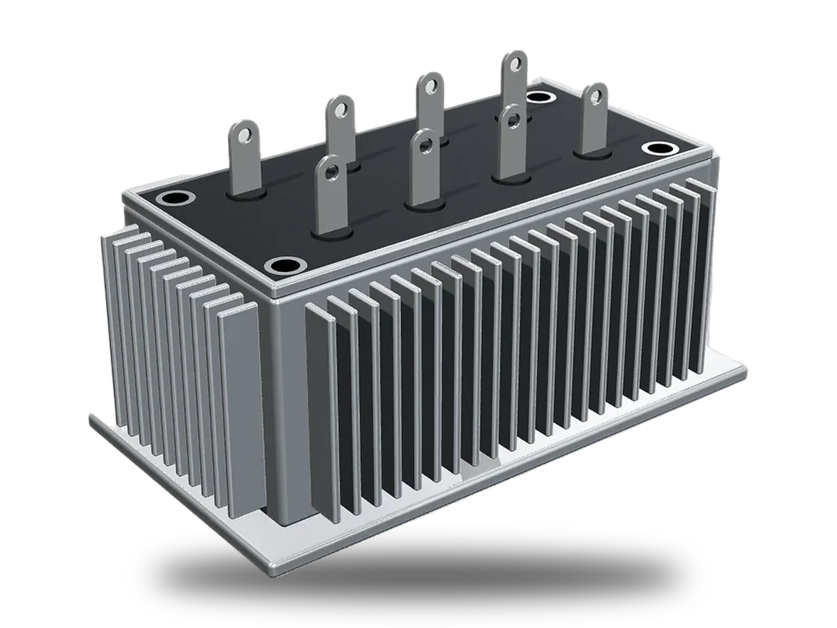 Four-in-one filter inductor for four-leg PCS, 3D render with finned aluminum housing
